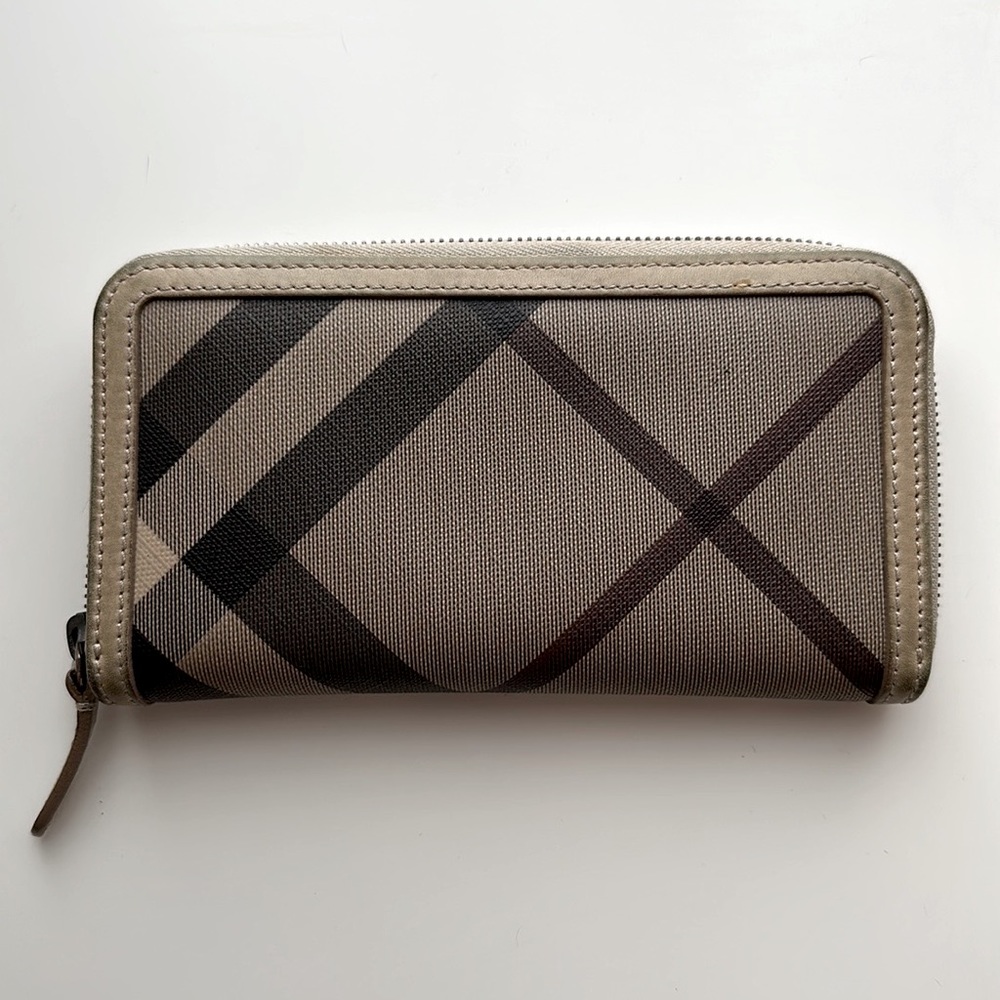Authentic Burberry check and leather zip around wallet